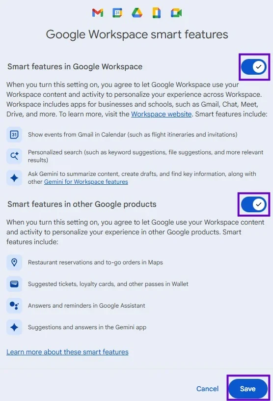 Google's Workspace Smart Features and highlighted ones to disable