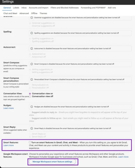 Displaying the smart features and Google Workspace smart features with an outlined box for the reader to disable