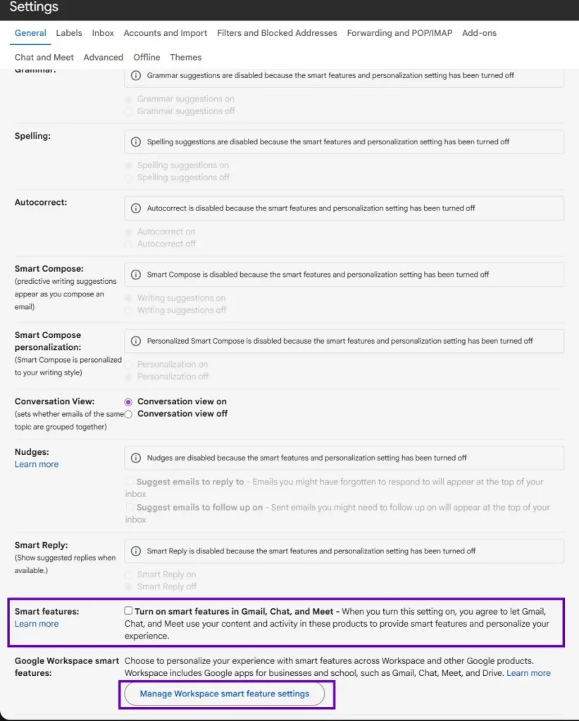 Displaying the smart features and Google Workspace smart features with an outlined box for the reader to disable