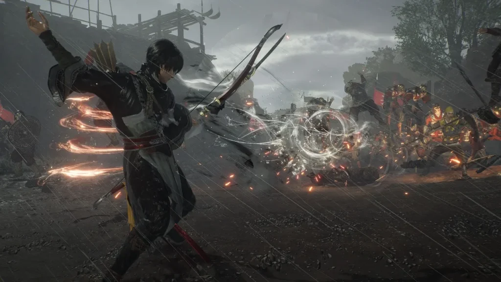 Close-up action shot of the Bow new weapon gameplay in the Dynasty Warriors Origins Visions of Four Heroes DLC.