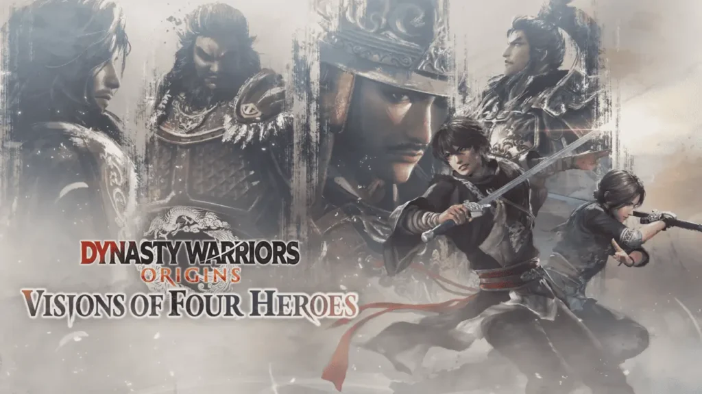 Official Dynasty Warriors: Origins Visions of Four Heroes key art featuring the main hero characters and the four great figures: Zhang Jiao, Dong Zhuo, Yuan Shao, and Lu Bu.