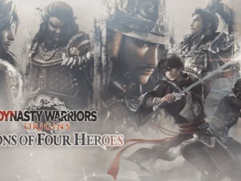 Official Dynasty Warriors: Origins Visions of Four Heroes key art featuring the main hero characters and the four great figures: Zhang Jiao, Dong Zhuo, Yuan Shao, and Lu Bu.