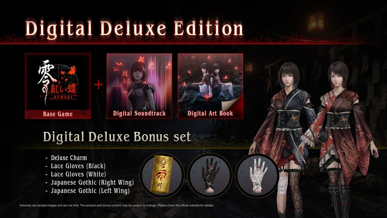 Digital Deluxe Edition contents for Fatal Frame II: Crimson Butterfly Remake, showing the base game, digital soundtrack, art book, Deluxe Charm, Lace Gloves, and Japanese Gothic bonus costumes for Mio and Mayu Amakura.