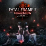 Key art for the Fatal Frame II Crimson Butterfly Remake showing the twin sisters, Mio and Mayu Amakura, sitting in a dark cave surrounded by glowing red butterflies