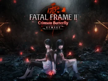 Key art for the Fatal Frame II Crimson Butterfly Remake showing the twin sisters, Mio and Mayu Amakura, sitting in a dark cave surrounded by glowing red butterflies
