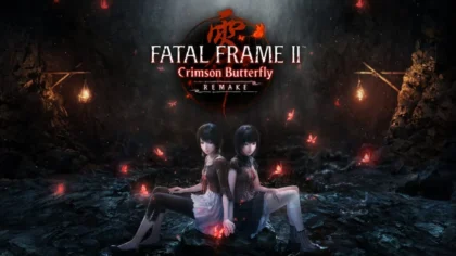 Key art for the Fatal Frame II Crimson Butterfly Remake showing the twin sisters, Mio and Mayu Amakura, sitting in a dark cave surrounded by glowing red butterflies