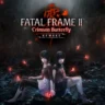 Key art for the Fatal Frame II Crimson Butterfly Remake showing the twin sisters, Mio and Mayu Amakura, sitting in a dark cave surrounded by glowing red butterflies