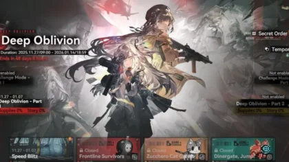 Girls' Frontline 2 Deep Oblivion event hub menu screen showing access to story, stages, and rewards.