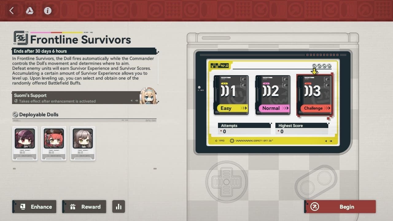 GFL2 Deep Oblivion Frontline Survivors minigame selection screen with Easy, Normal, and Challenge difficulties, and three deployable dolls.