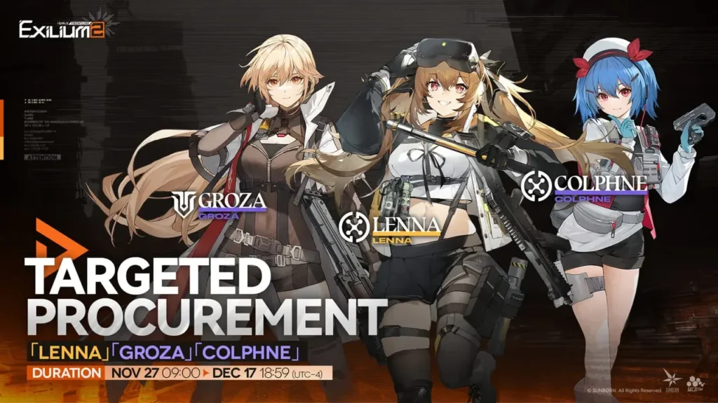 Targeted Procurement banner for Lenna, Groza, and Colphne in Girls Frontline 2.