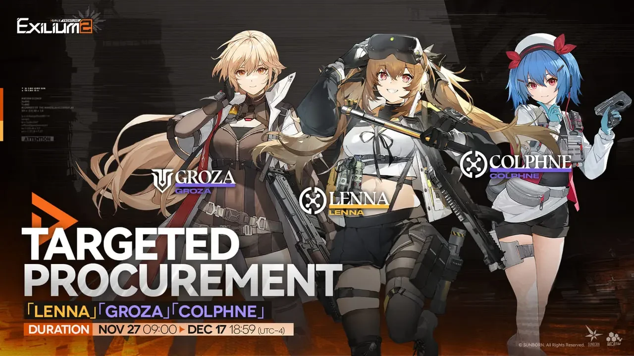 Targeted Procurement banner for Lenna, Groza, and Colphne in Girls Frontline 2.