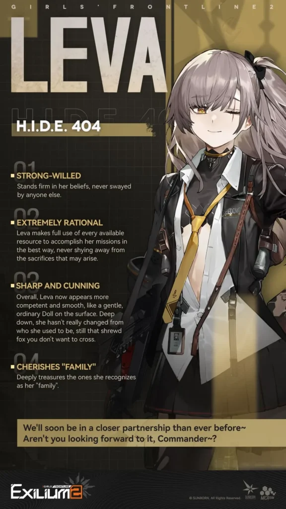 Leva’s character intro sheet showing her HIDE 404 role and core personality traits.