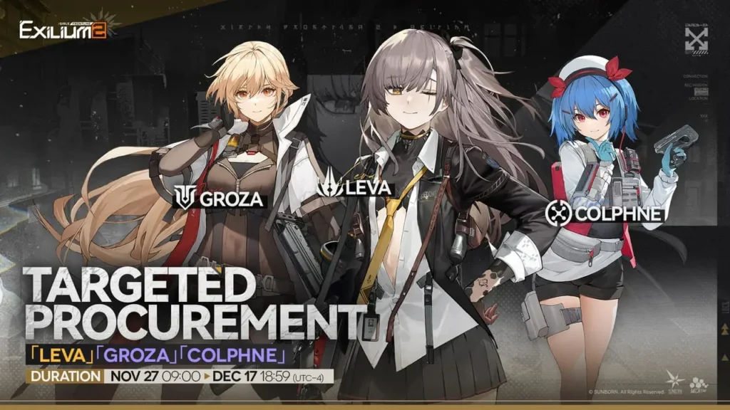 Targeted Procurement banner for Leva, Groza, and Colphne in Girls Frontline 2.