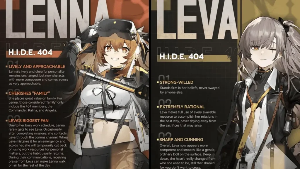 Lenna and Leva shown side by side on their character info sheet for Girls Frontline 2.