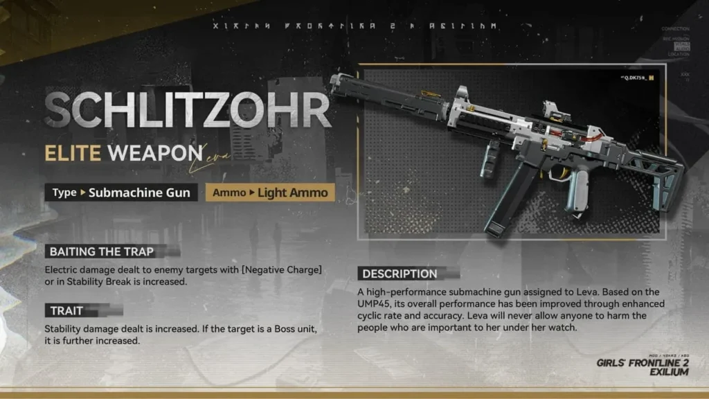 Leva’s Schlitzohr signature weapon shown with its description and key stats.