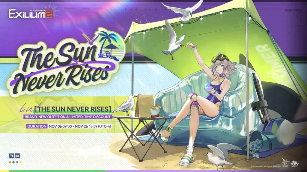 Lind in her The Sun Never Rises outfit in Girls’ Frontline 2, available at a limited-time discount from November 6 to November 25, 2025.
