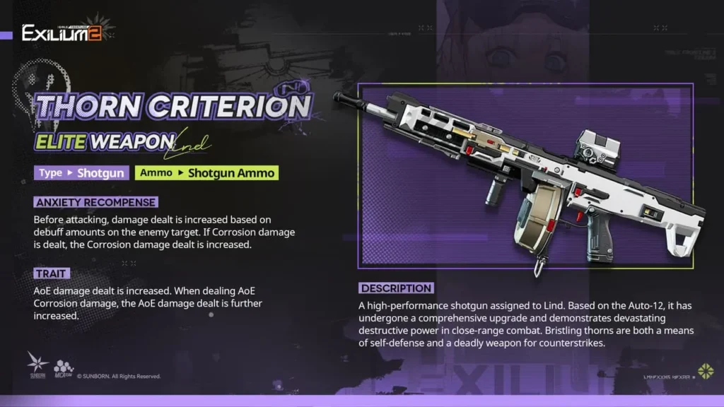 Lind’s Thorn Criterion weapon card in Girls’ Frontline 2 showing its stats, corrosion bonuses, and description.