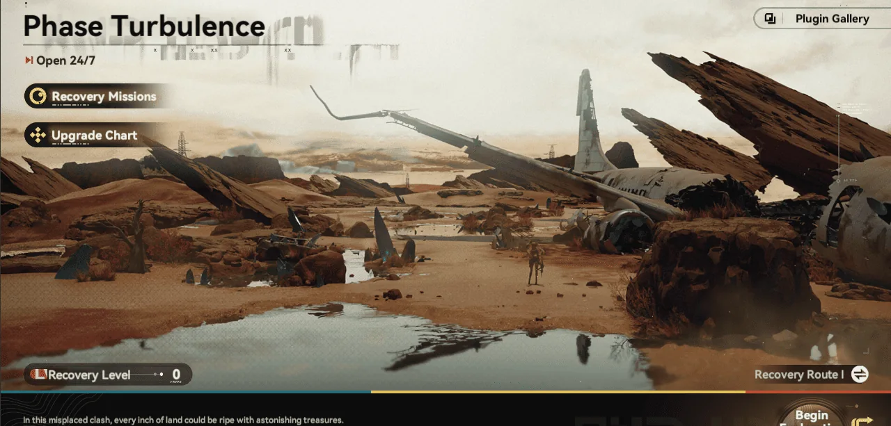 Screenshot of the Artifact Recovery: Phase Turbulence minigame in GFL2, showing a ruined desert map, crashed plane, and menu options for 'Recovery Missions.'