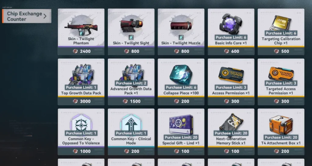Screenshot of the GFL2 'Chip Exchange Counter' showing various rewards available for purchase, including 'Skin - Twilight Phantom,' 'Top Growth Data Pack,' 'Collapse Piece,' and other character upgrade materials.