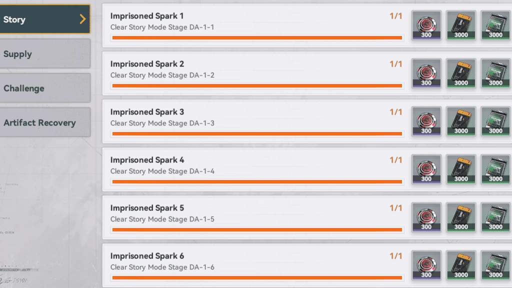 Screenshot of the 'Reward Time' event menu, specifically the 'Story' section, listing objectives like 'Imprisoned Spark 1' through 6 and their rewards upon clearing the corresponding Story Mode stages (DA-1-1 through DA-1-6).