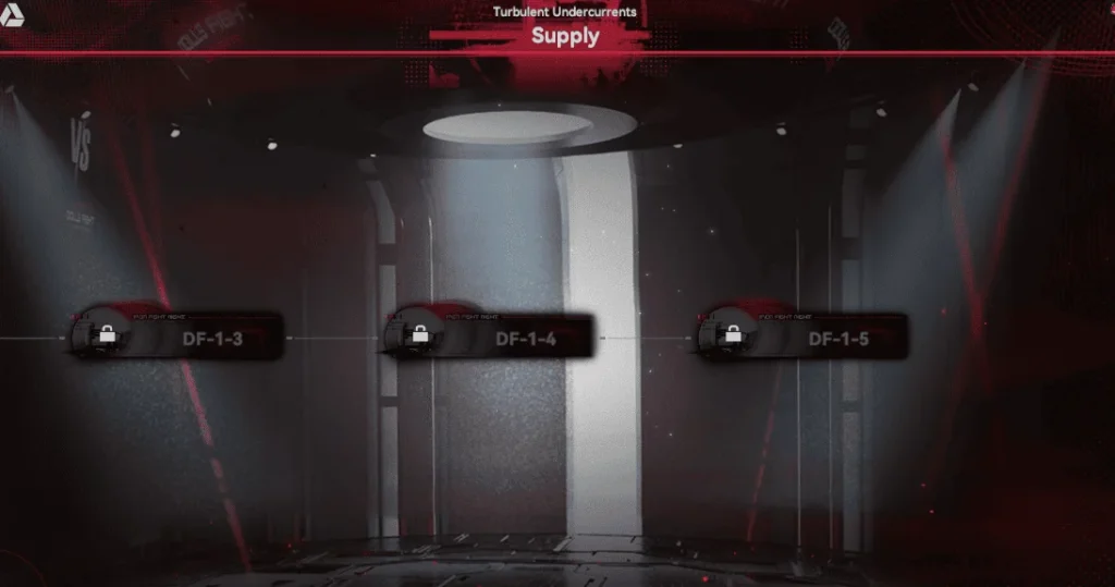 Screenshot of the 'Turbulent Undercurrents' event 'Supply' mission map, showing locked stages labeled 'DF-1-3', 'DF-1-4', and 'DF-1-5' in a dark red-lit interior.