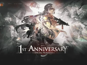 Key art for the Girls' Frontline 2: Exilium 1st Anniversary Special Program update, featuring the main female characters (T-Dolls) holding weapons in an action-oriented style