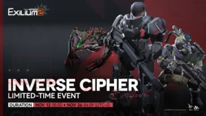 Promotional art for Girls' Frontline 2: Exilium's limited-time event, Inverse Cipher, featuring the armored T-Doll and the monstrous Sangvis Ferri enemy.