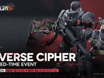 Promotional art for Girls' Frontline 2: Exilium's limited-time event, Inverse Cipher, featuring the armored T-Doll and the monstrous Sangvis Ferri enemy.