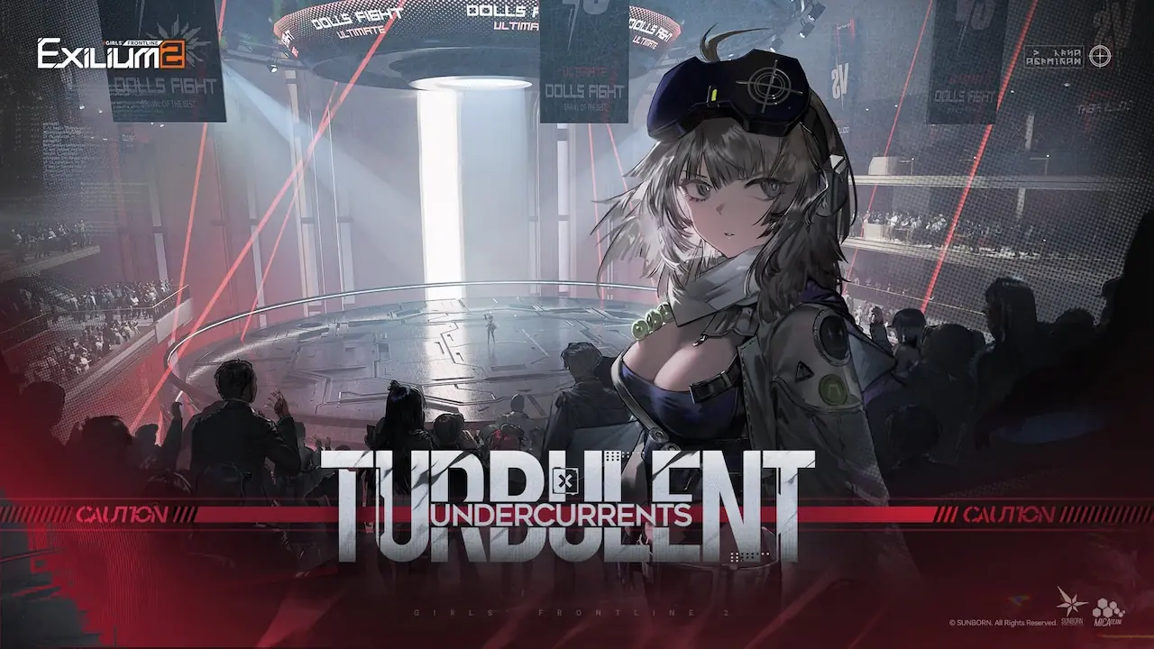 Girls' Frontline 2 Exilium 'Turbulent Undercurrents' event splash art featuring the character Lind in a dark arena with a circular stage and audience.