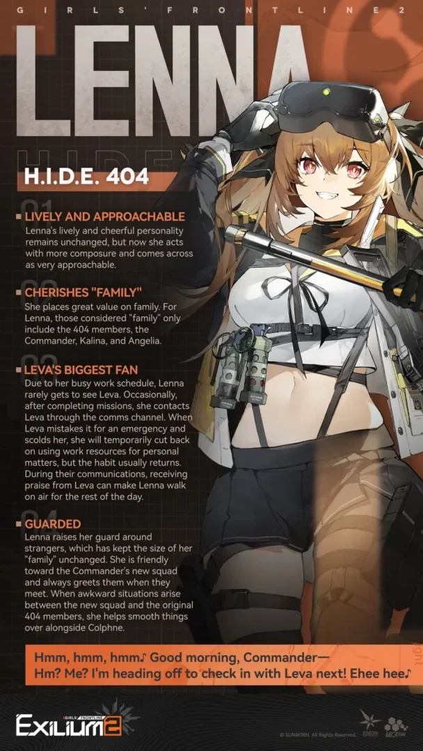 Detailed character profile for Lenna (UMP9) from our Leva and Lenna GFL2 guide highlighting her high-energy traits.