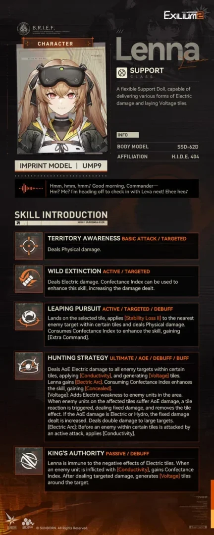 Technical skill breakdown for Lenna (UMP9) detailing Conductivity and energy generation in the Leva and Lenna GFL2 guide.