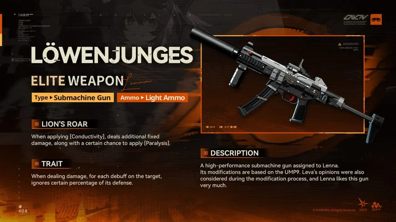 Lenna’s signature weapon Lowenjunges data sheet and Paralysis stats from the Leva and Lenna GFL2 guide.