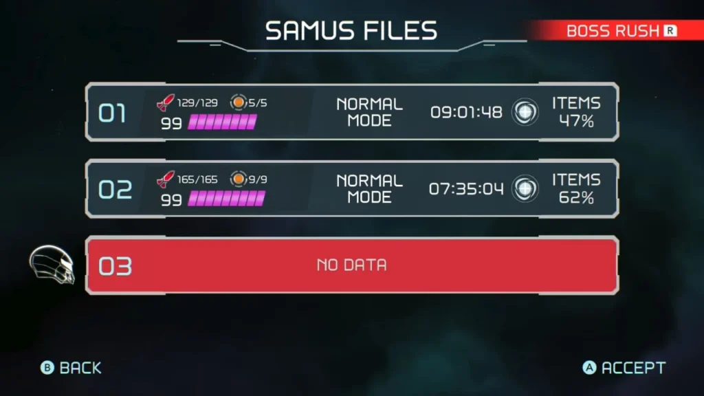 The Samus Files save screen showing two completed Normal Mode files for Metroid Dread.