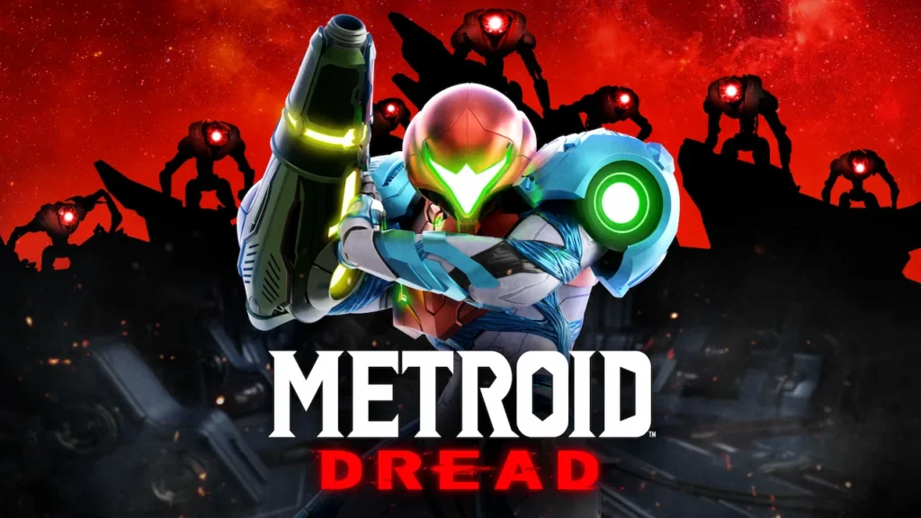 Metroid Dread cover art of Samus Aran aiming her arm cannon with E.M.M.I robots in the background.