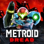 Metroid Dread cover art of Samus Aran aiming her arm cannon with E.M.M.I robots in the background.