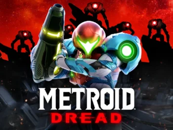 Metroid Dread cover art of Samus Aran aiming her arm cannon with E.M.M.I robots in the background.