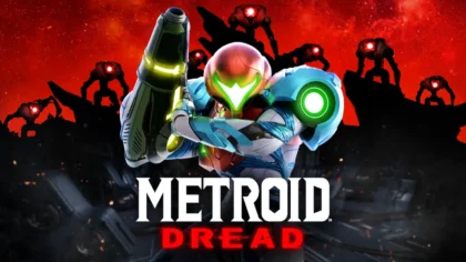 Metroid Dread cover art of Samus Aran aiming her arm cannon with E.M.M.I robots in the background.