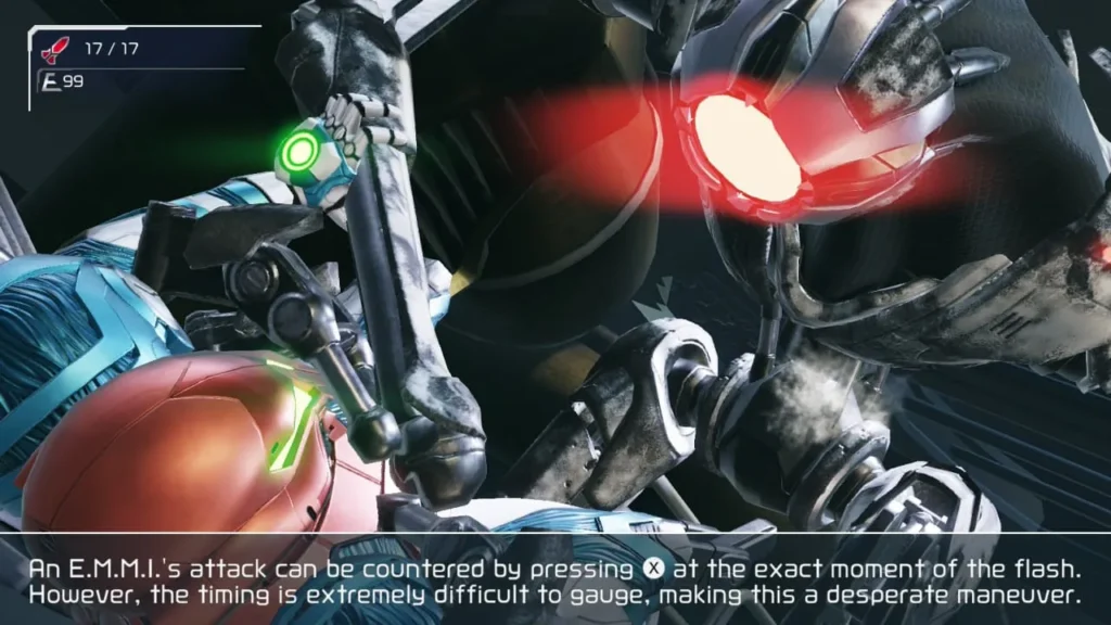 Samus Aran getting seized by a menacing E.M.M.I. robot in a tense Metroid Dread chase sequence.