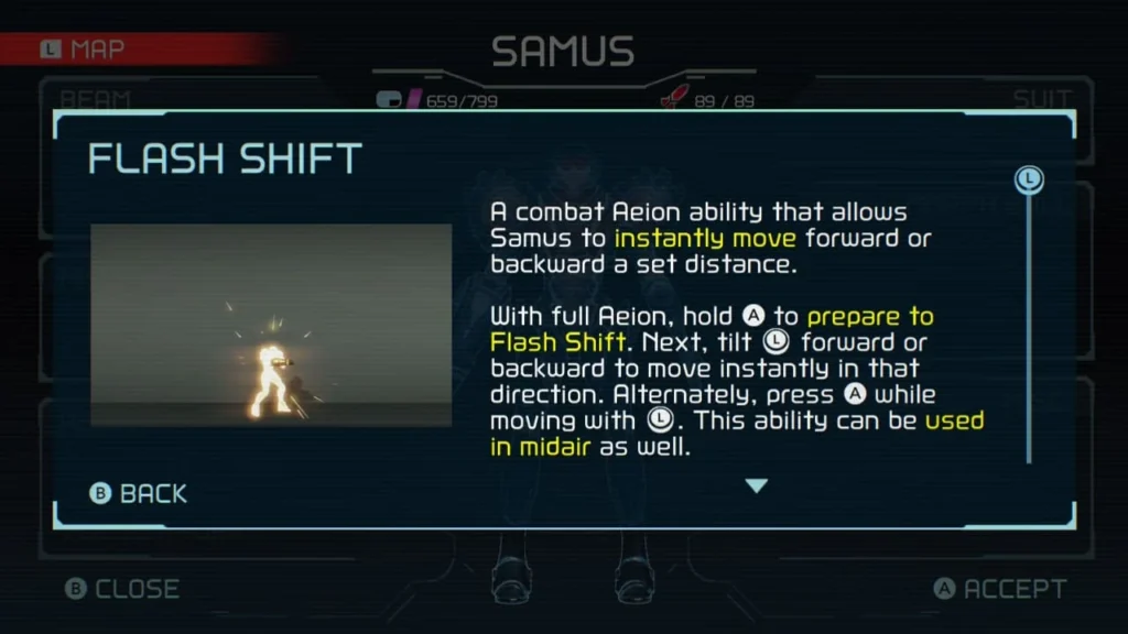 The in-game description for the Flash Shift ability, showing Samus instantly dashing forward in Metroid Dread.