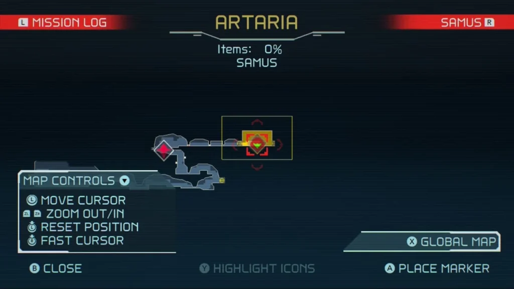 The detailed map system for the area Artaria in Metroid Dread, showing a highlighted room.