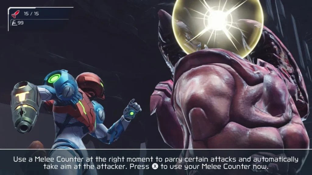 Samus performing a successful Melee Counter on an enemy in Metroid Dread, indicated by a bright flash.