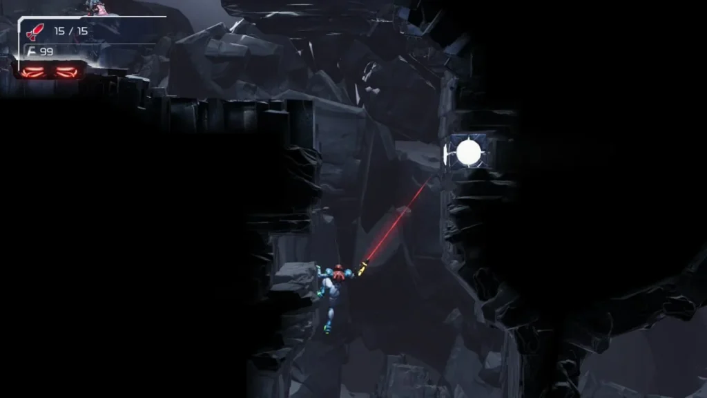 Samus shooting a circular breakable block to create a path for wall climbing in the complex world of Metroid Dread.