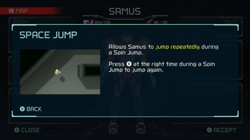 The in-game description for the Space Jump ability, showing Samus repeatedly jumping in the air in Metroid Dread.
