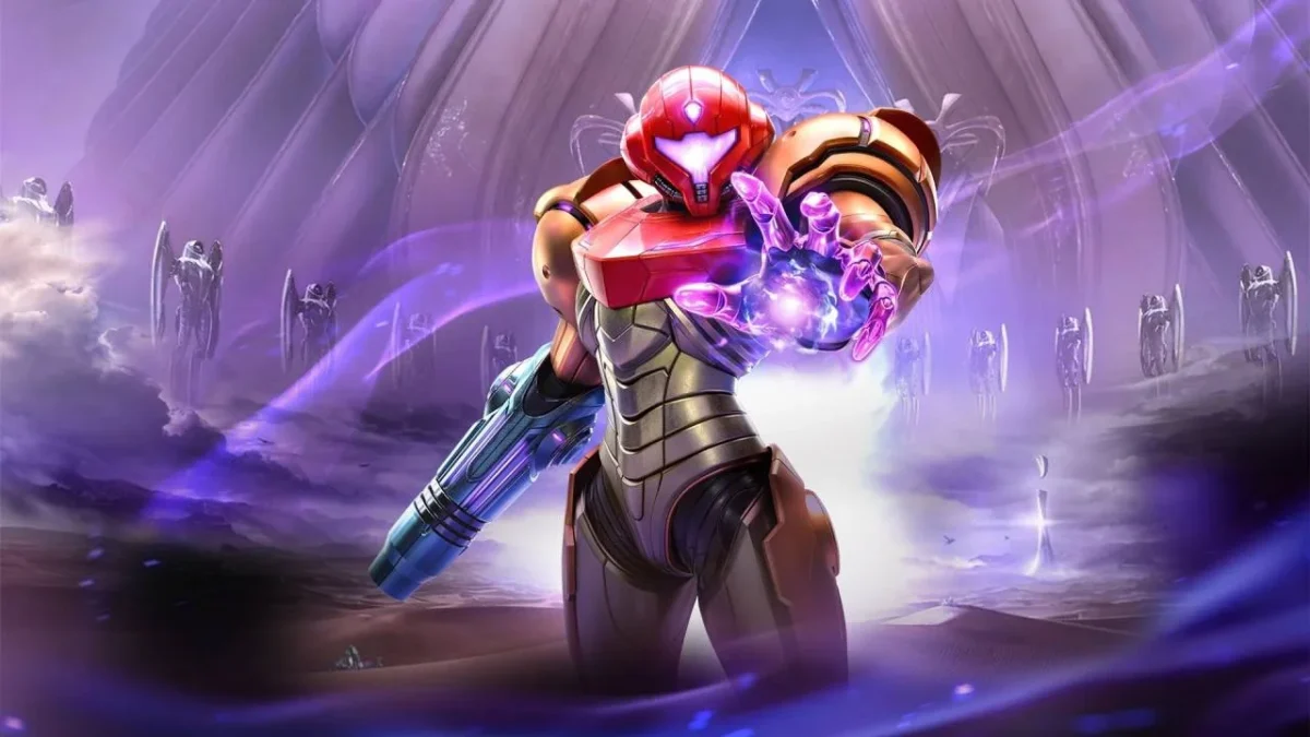 Samus Aran charging an energy attack in Metroid Prime 4 promotional art