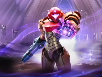 Samus Aran charging an energy attack in Metroid Prime 4 promotional art