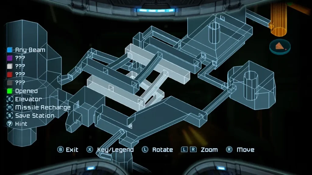 3D map screen showing the station layout in Metroid Prime Remastered.