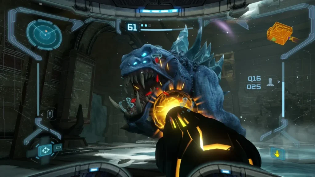 Samus charging a beam shot at a Sheegoth with its mouth open in Phendrana Drifts in Metroid Prime Remastered.