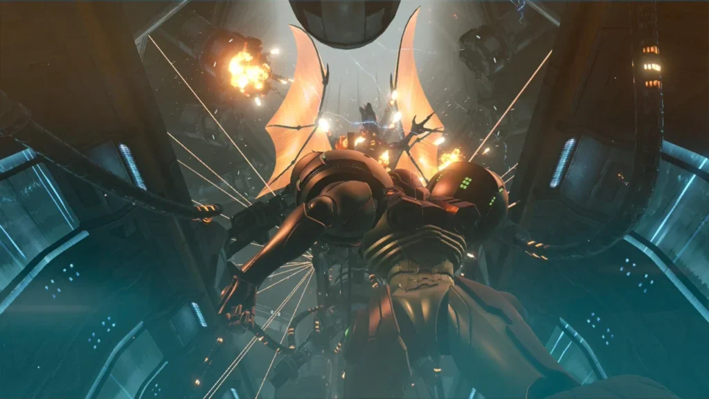Scene of Meta Ridley flying away as Samus looks up during the station explosion with fire particles in the air.