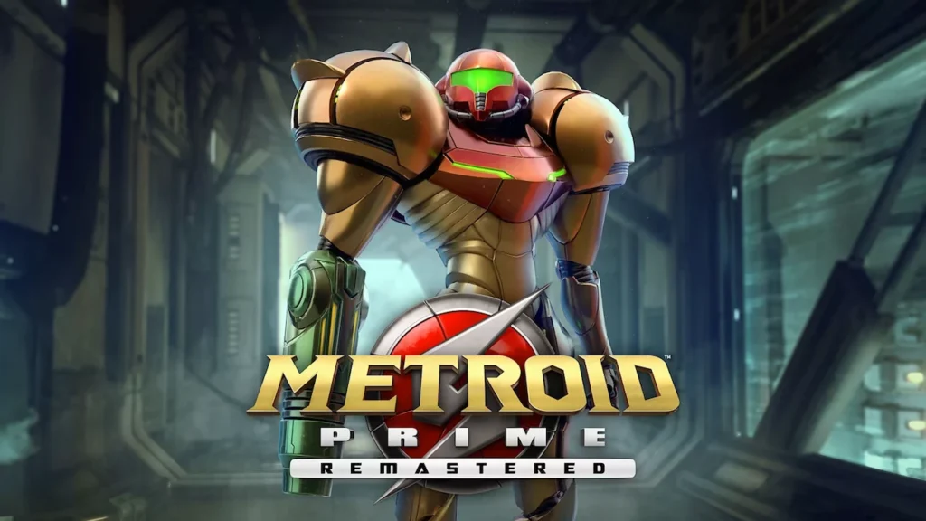 Samus stands in the official Metroid Prime Remastered key art with the logo above her in a space station hallway.