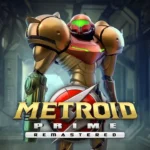 Samus stands in the official Metroid Prime Remastered key art with the logo above her in a space station hallway.
